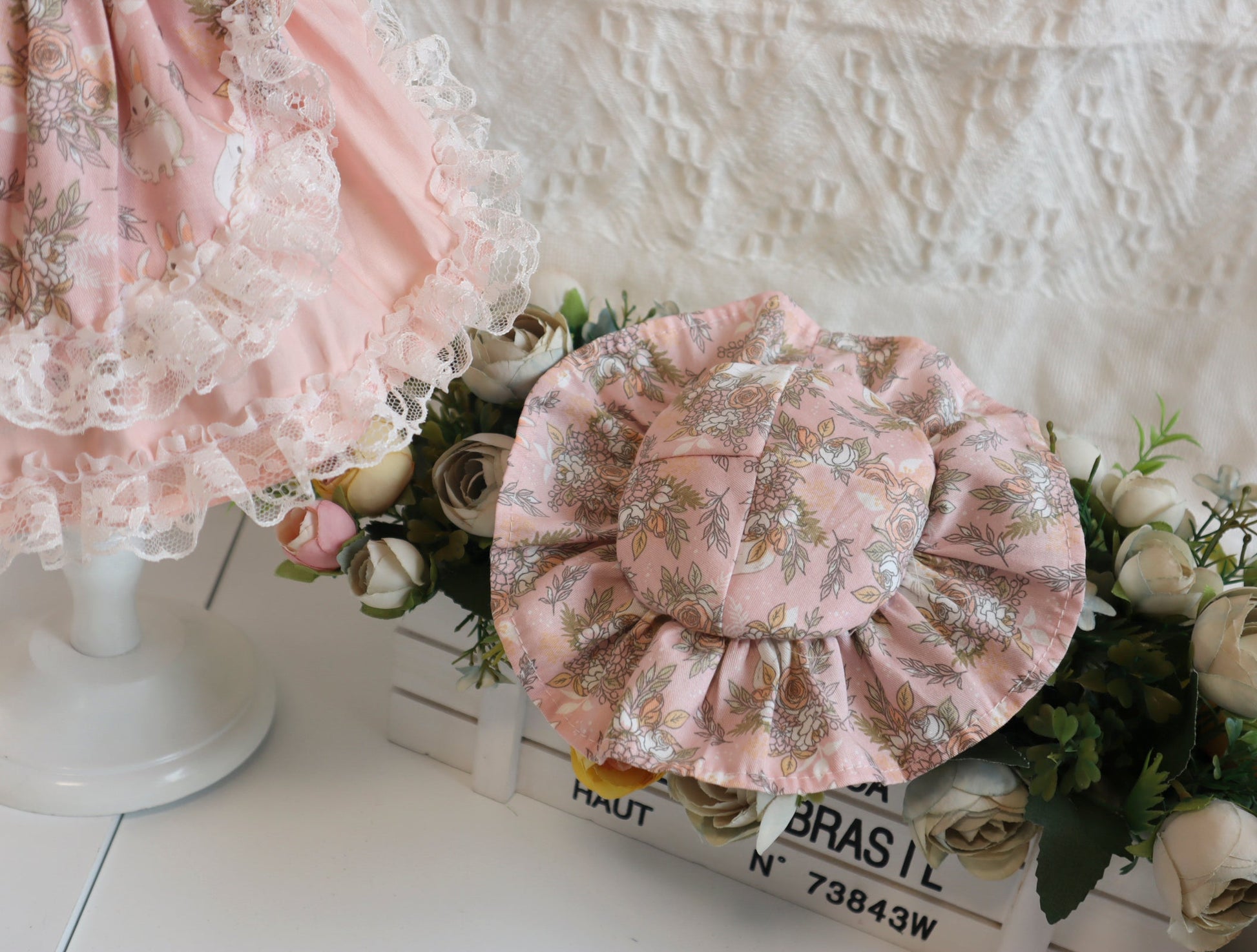 HKM-2518973 Pink Lace Dog Dress and Hat Set for Pets, Multiple Sizes Available