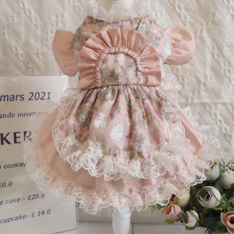 HKM-2518973 Pink Lace Dog Dress and Hat Set for Pets, Multiple Sizes Available