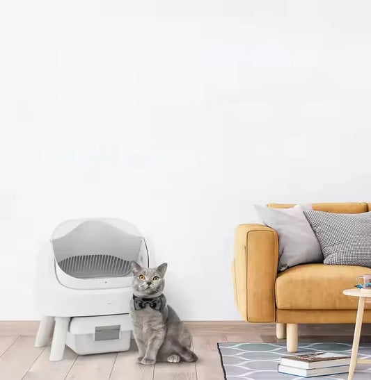 HKM-252179 Extra Large Splash-Proof Cat Litter Box with Easy Clean Drawer - Stainless Steel & Plastic, 65L Capacity