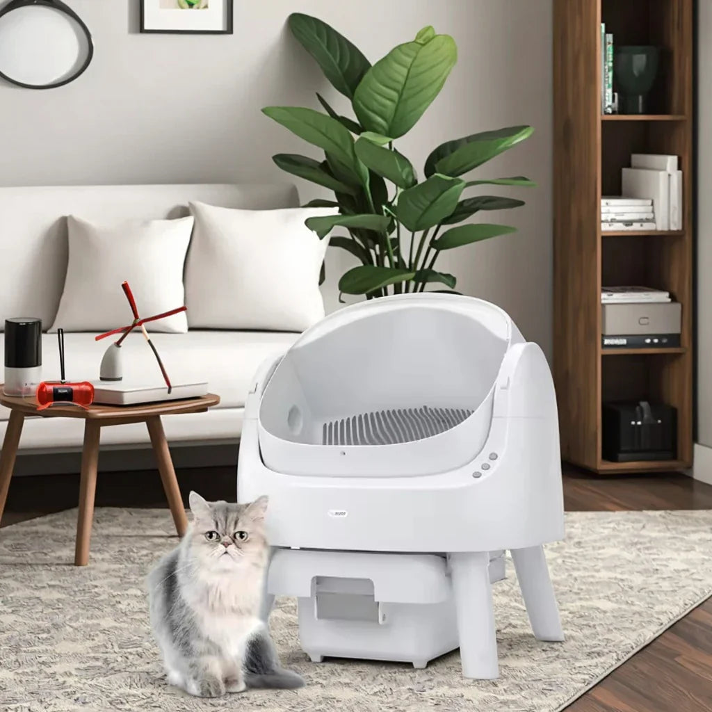 HKM-252179 Extra Large Splash-Proof Cat Litter Box with Easy Clean Drawer - Stainless Steel & Plastic, 65L Capacity