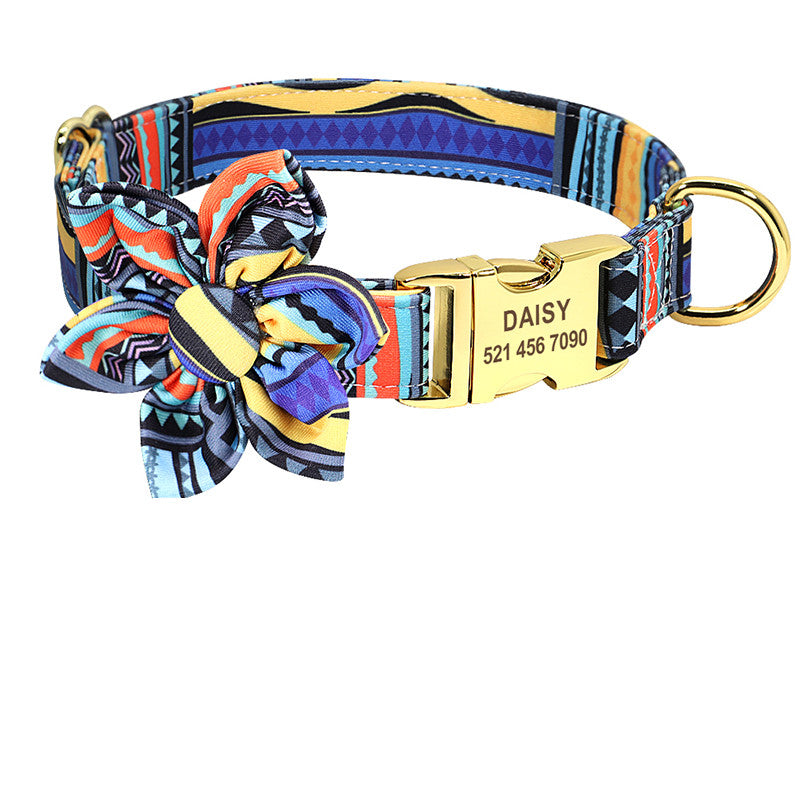 HKM-2526141 Personalized Nylon Dog Collar with Engraved ID Tag and Removable Flower Design for Pets