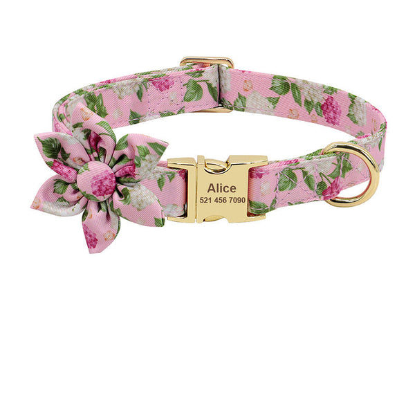 HKM-2526141 Personalized Nylon Dog Collar with Engraved ID Tag and Removable Flower Design for Pets