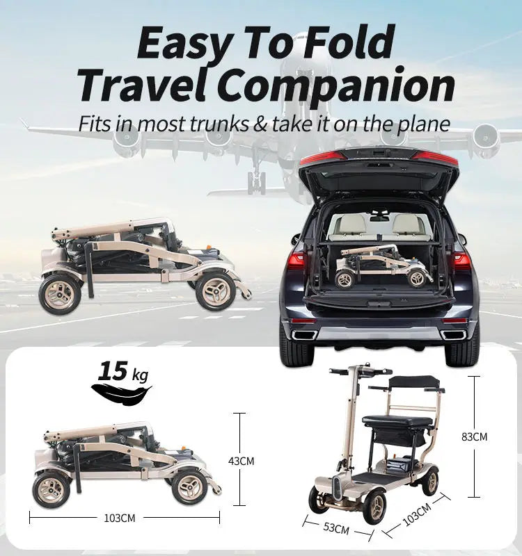 HKM-252755 Lightweight 4-Wheel Portable Mobility Scooter with Electromagnetic Brake, Foldable Design, 100kg Capacity, 120W Motor