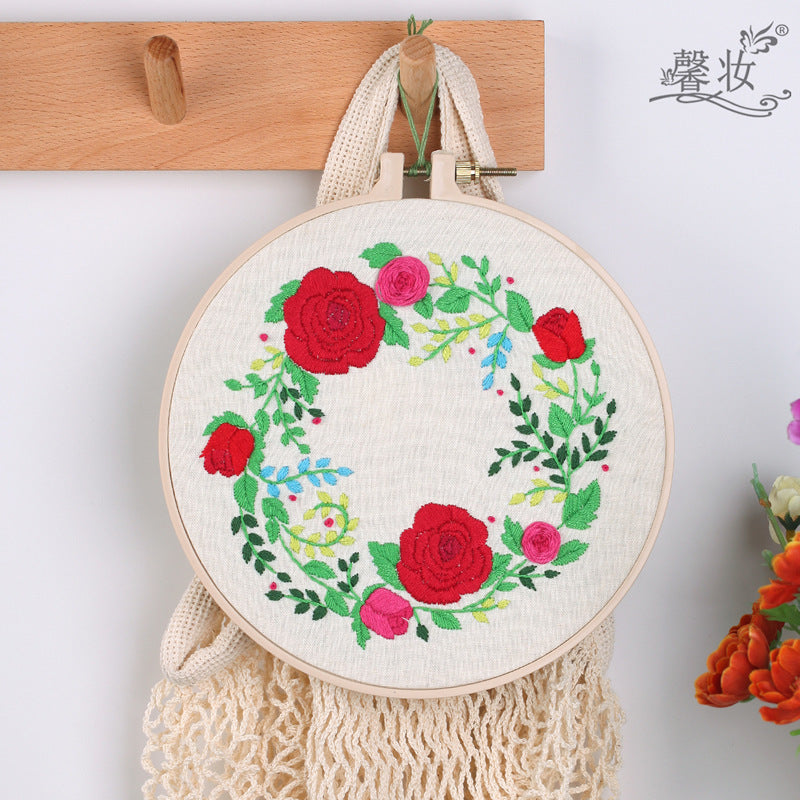 HKM-252883 Cotton and Linen Cloth Embroidery Kit with Flower and Leaf Patterns, Includes Embroidery Frame, 30x30cm Size