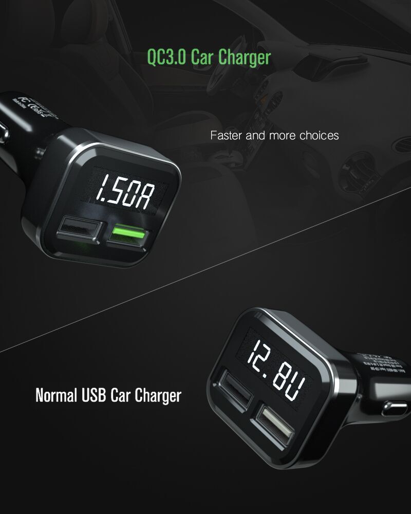 HKM-252947 Dual-Port Car Charger with Voltage Display, Quick Charge Support, Intelligent Identification, Black Finish