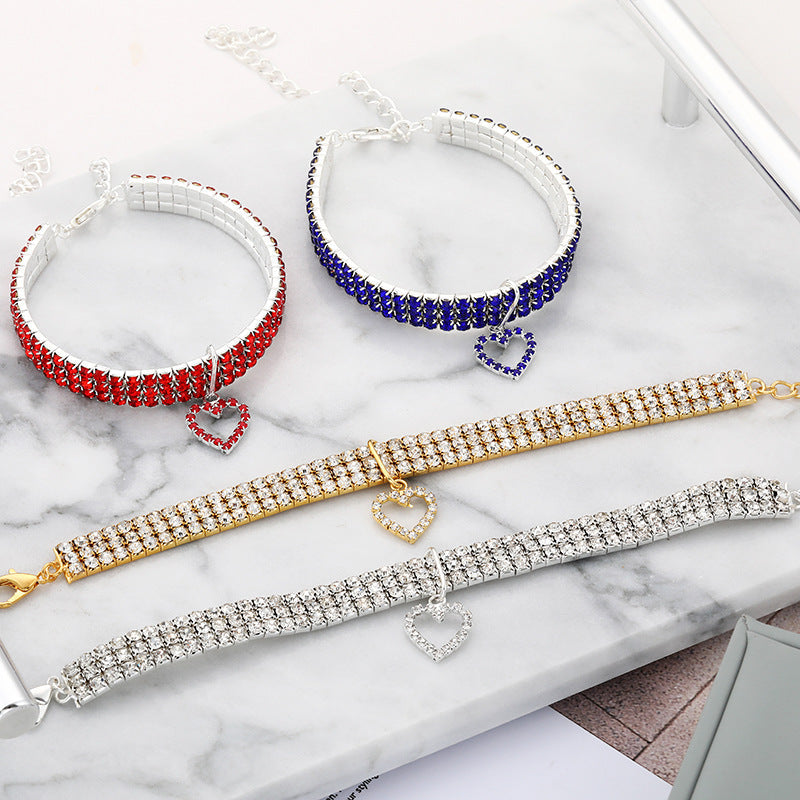 HKM-2531901 Three-Row Colorful Rhinestone Pet Collar for Cats and Dogs - Adjustable Sizes S, M, L