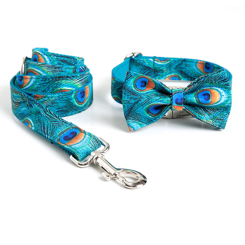 HKM-2533693 Peacock Dog Collar and Leash Set with Bow for Medium Dogs