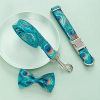 HKM-2533693 Peacock Dog Collar and Leash Set with Bow for Medium Dogs
