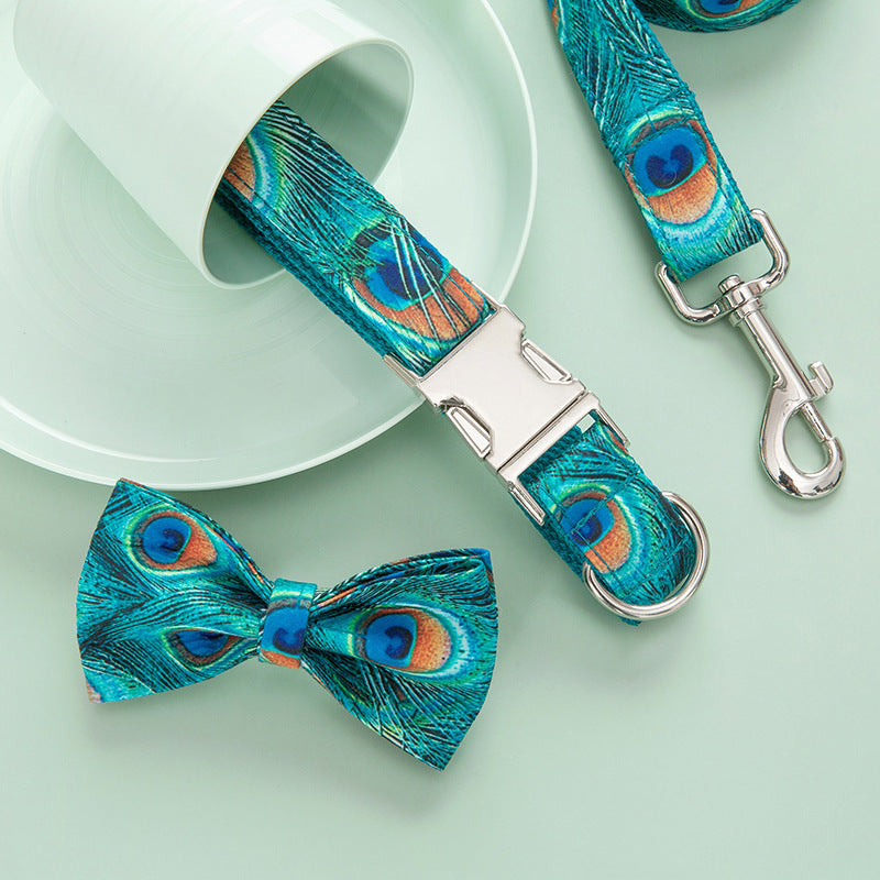 HKM-2533693 Peacock Dog Collar and Leash Set with Bow for Medium Dogs
