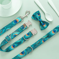 HKM-2533693 Peacock Dog Collar and Leash Set with Bow for Medium Dogs