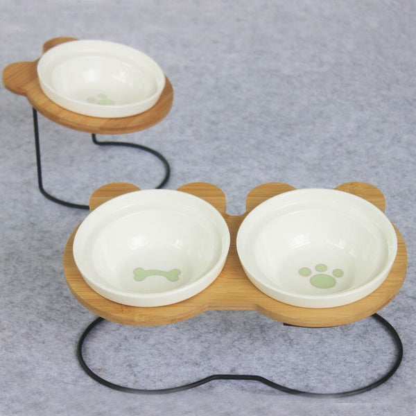 HKM-253395 Slanted Pet Bowl with Bamboo Stand in Various Colors - Wooden and Ceramic Design