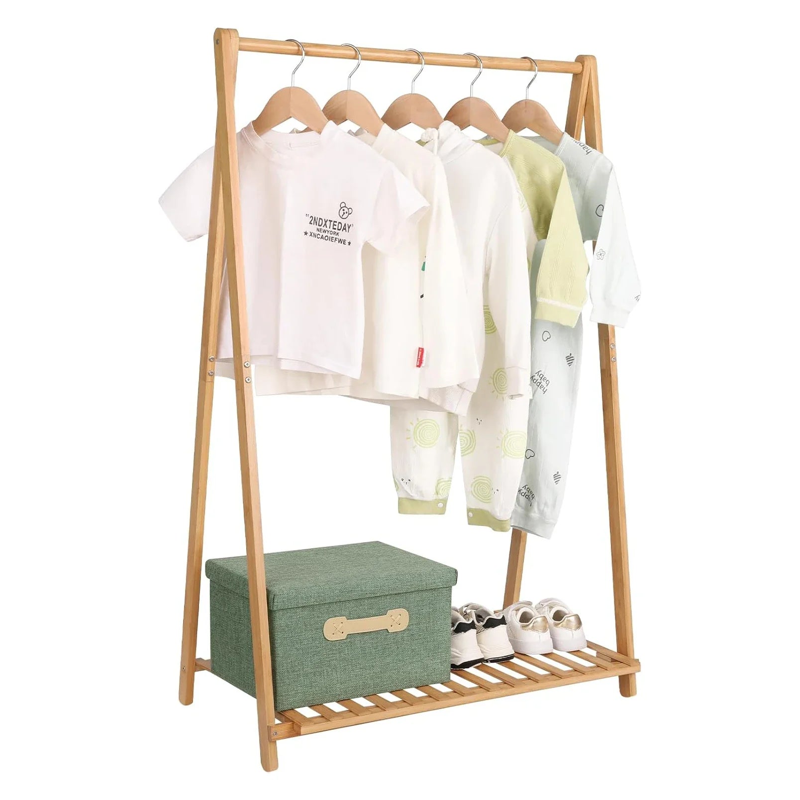 HKM-253779 Bamboo Children's Hanging Clothes Rack with Hat Storage for Bedroom and Wardrobe Organization