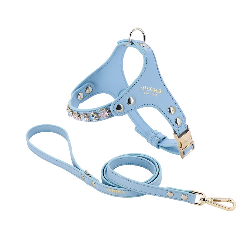 HKM-2539453 Adjustable Dog and Cat Harness with Leash in Rainbow Pink, Turquoise Green, and Sky Blue PU Leather with Rhinestones