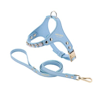 HKM-2539453 Adjustable Dog and Cat Harness with Leash in Rainbow Pink, Turquoise Green, and Sky Blue PU Leather with Rhinestones