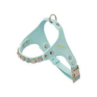 HKM-2539453 Adjustable Dog and Cat Harness with Leash in Rainbow Pink, Turquoise Green, and Sky Blue PU Leather with Rhinestones