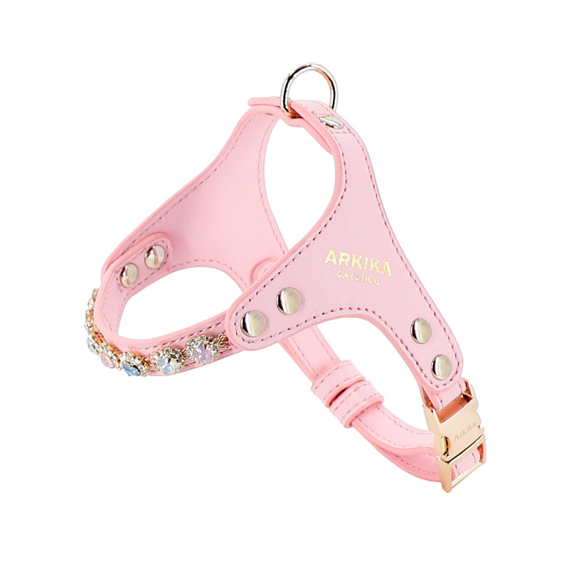 HKM-2539453 Adjustable Dog and Cat Harness with Leash in Rainbow Pink, Turquoise Green, and Sky Blue PU Leather with Rhinestones