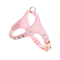 HKM-2539453 Adjustable Dog and Cat Harness with Leash in Rainbow Pink, Turquoise Green, and Sky Blue PU Leather with Rhinestones