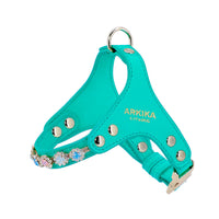 HKM-2539453 Adjustable Dog and Cat Harness with Leash in Rainbow Pink, Turquoise Green, and Sky Blue PU Leather with Rhinestones