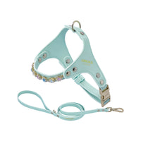 HKM-2539453 Adjustable Dog and Cat Harness with Leash in Rainbow Pink, Turquoise Green, and Sky Blue PU Leather with Rhinestones