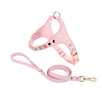 HKM-2539453 Adjustable Dog and Cat Harness with Leash in Rainbow Pink, Turquoise Green, and Sky Blue PU Leather with Rhinestones