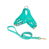 HKM-2539453 Adjustable Dog and Cat Harness with Leash in Rainbow Pink, Turquoise Green, and Sky Blue PU Leather with Rhinestones