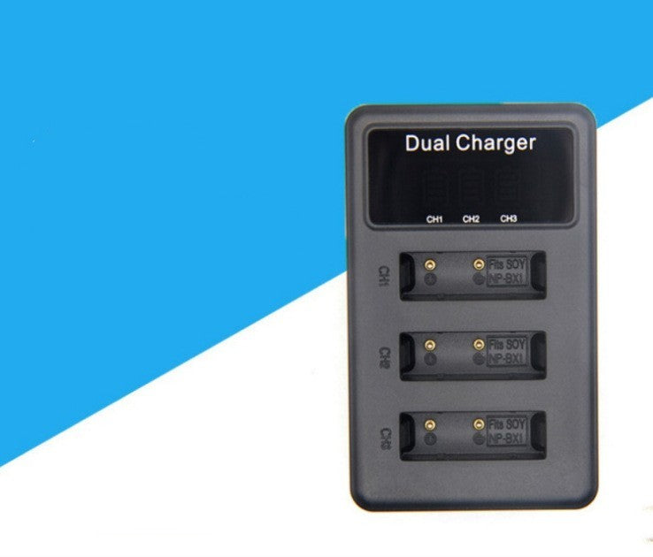 HKM-254099 Vertical USB Charger for Digital Camera - Three-Slot Design, Micro-USB Input, Compact and Efficient Charging Solution