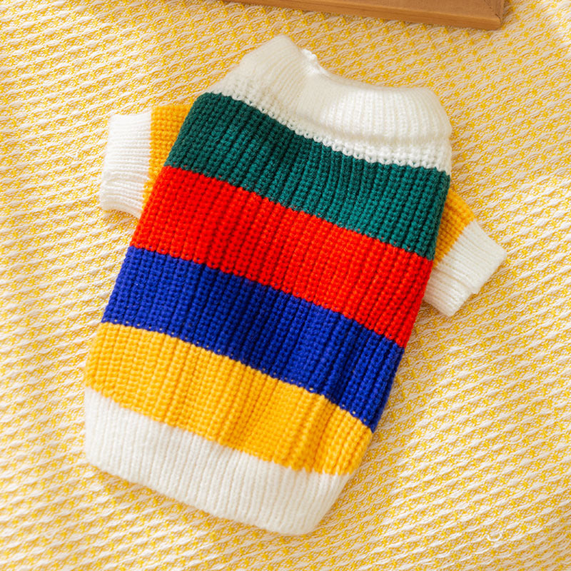 HKM-2544189 Rainbow Striped Knitted Sweater for Pets - Cozy and Stylish Winter Clothing for Cats and Dogs