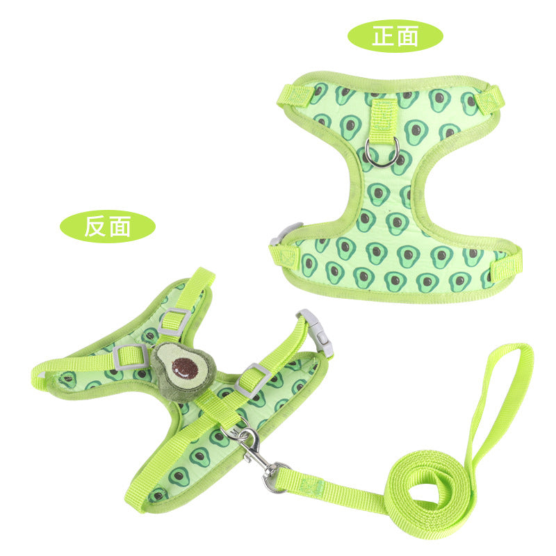 HKM-2545213 Reflective Vest-style Harness with Leash for Small Dogs in Carrot, Strawberry, and Avocado Colors