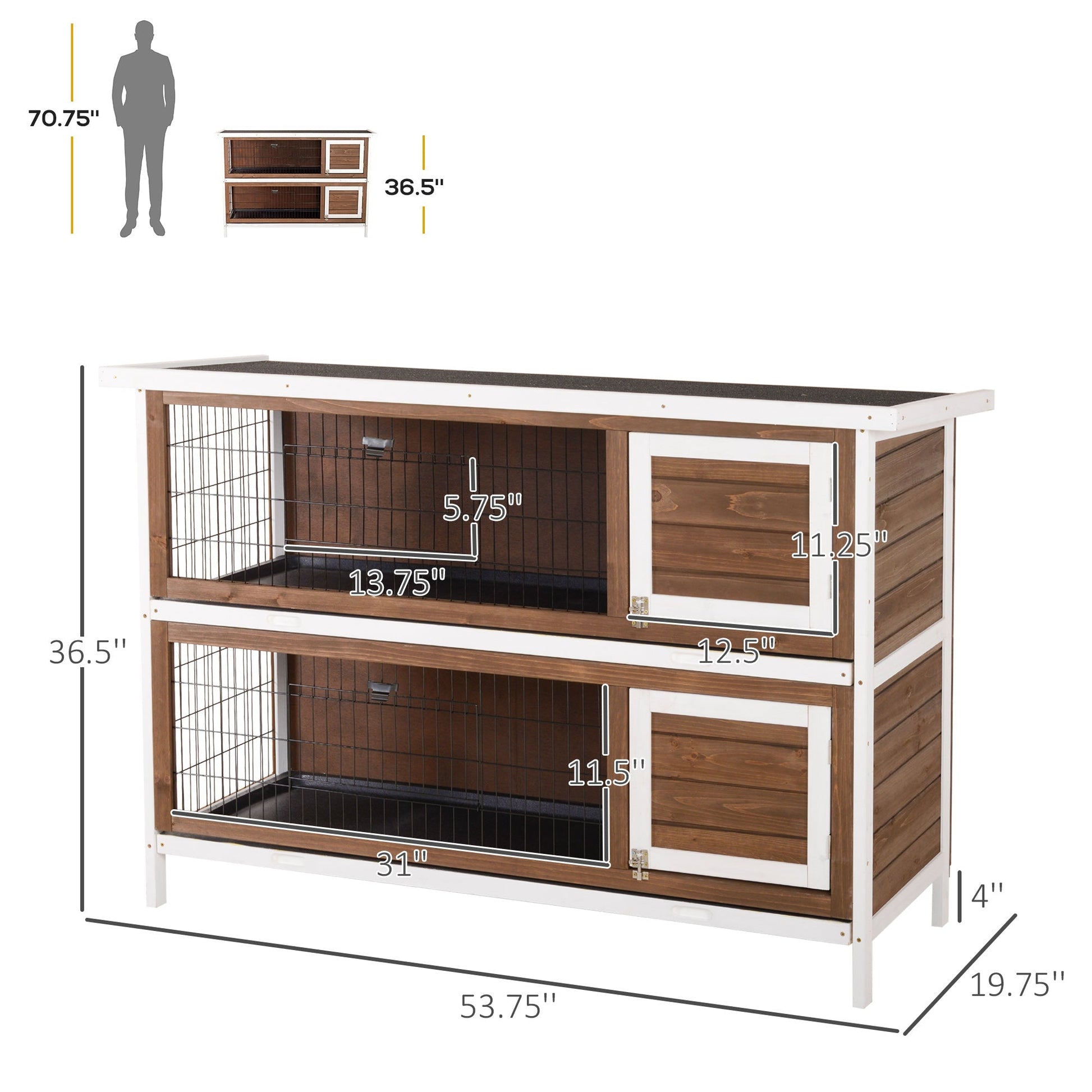 HKM-2549053 Wooden Rabbit Hutch with Dividers and Asphalt Roof for Small Animals, Brown Finish