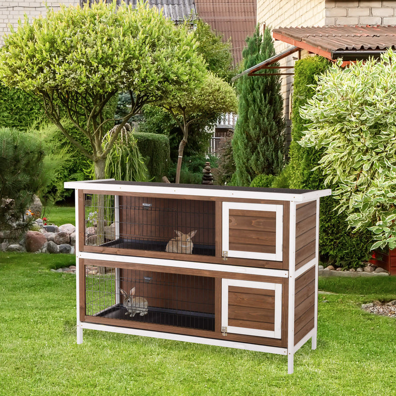 HKM-2549053 Wooden Rabbit Hutch with Dividers and Asphalt Roof for Small Animals, Brown Finish