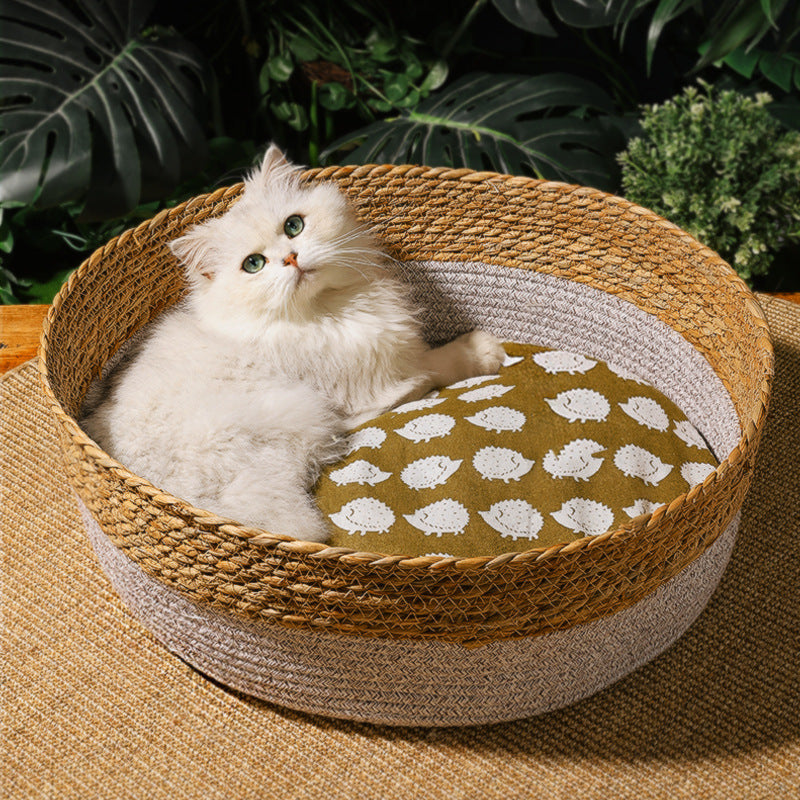 HKM-2549437 Handmade Straw Cotton Cat Nest Mat - Summer Cool Design for Small to Large Cats