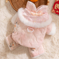 HKM-2549949 Winter-Ready Floral Quilted Dog Overalls with Faux Fur Trim for Small Dogs