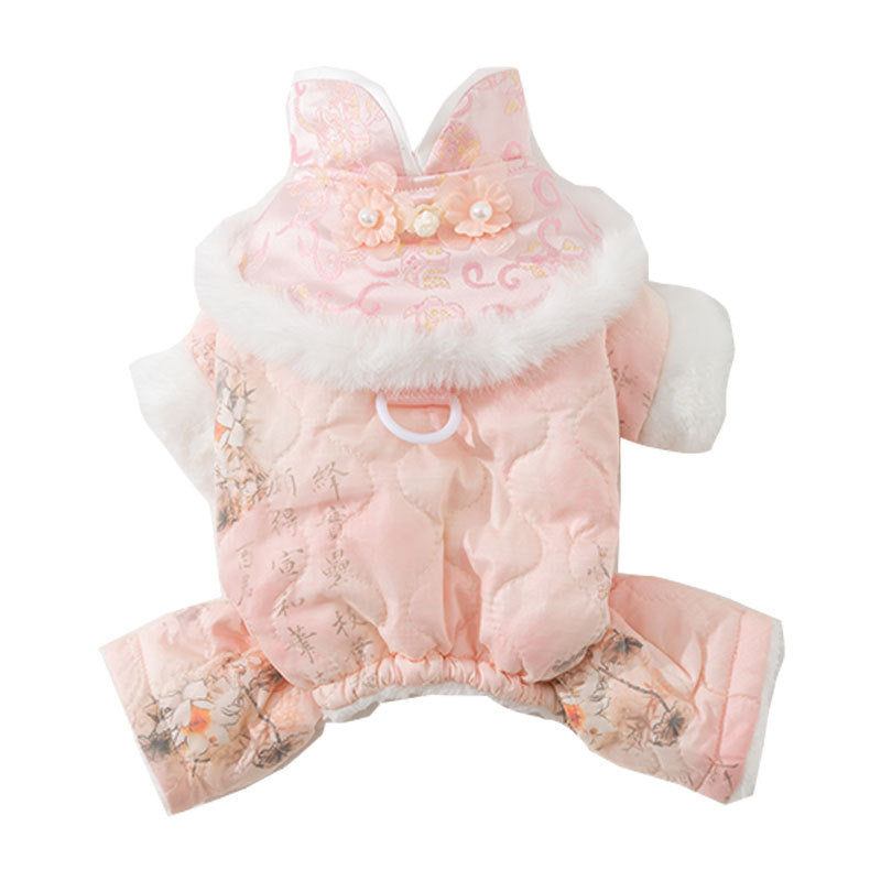 HKM-2549949 Winter-Ready Floral Quilted Dog Overalls with Faux Fur Trim for Small Dogs