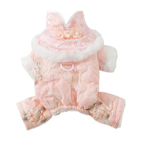 HKM-2549949 Winter-Ready Floral Quilted Dog Overalls with Faux Fur Trim for Small Dogs