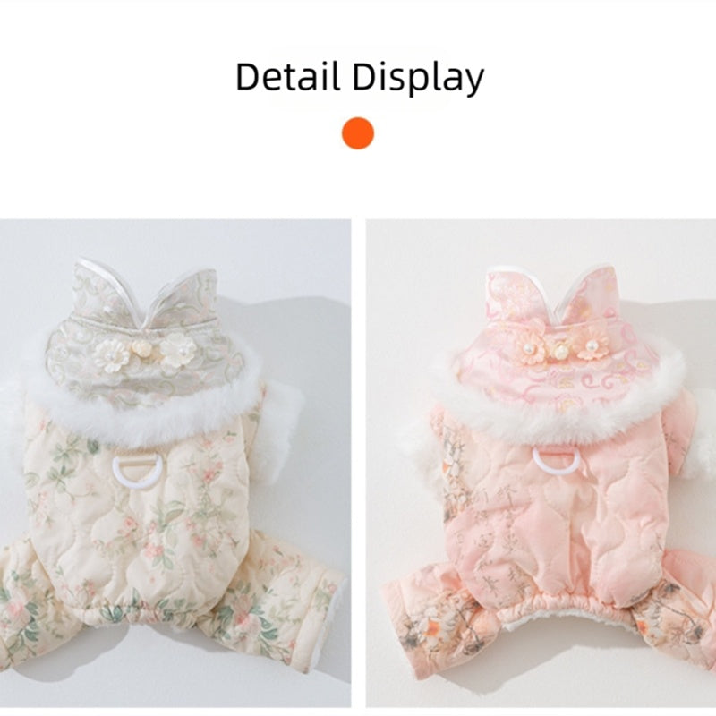 HKM-2549949 Winter-Ready Floral Quilted Dog Overalls with Faux Fur Trim for Small Dogs
