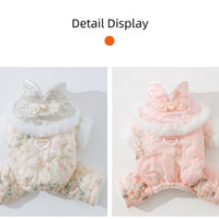 HKM-2549949 Winter-Ready Floral Quilted Dog Overalls with Faux Fur Trim for Small Dogs