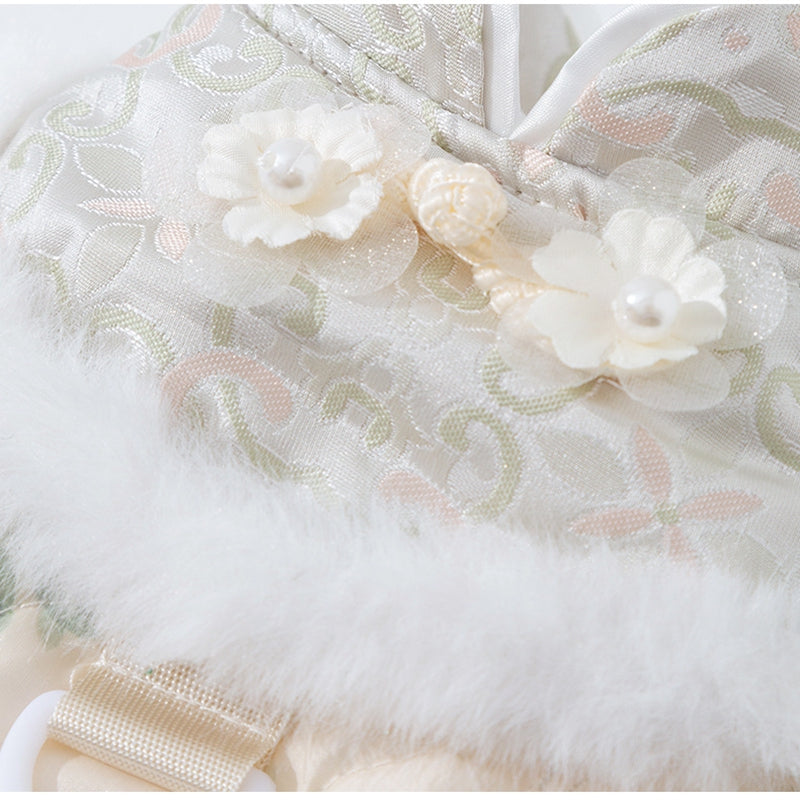 HKM-2549949 Winter-Ready Floral Quilted Dog Overalls with Faux Fur Trim for Small Dogs