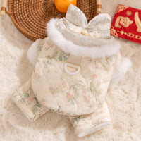 HKM-2549949 Winter-Ready Floral Quilted Dog Overalls with Faux Fur Trim for Small Dogs