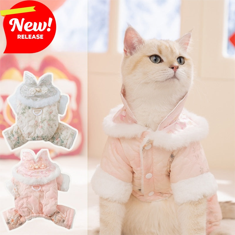 HKM-2549949 Winter-Ready Floral Quilted Dog Overalls with Faux Fur Trim for Small Dogs