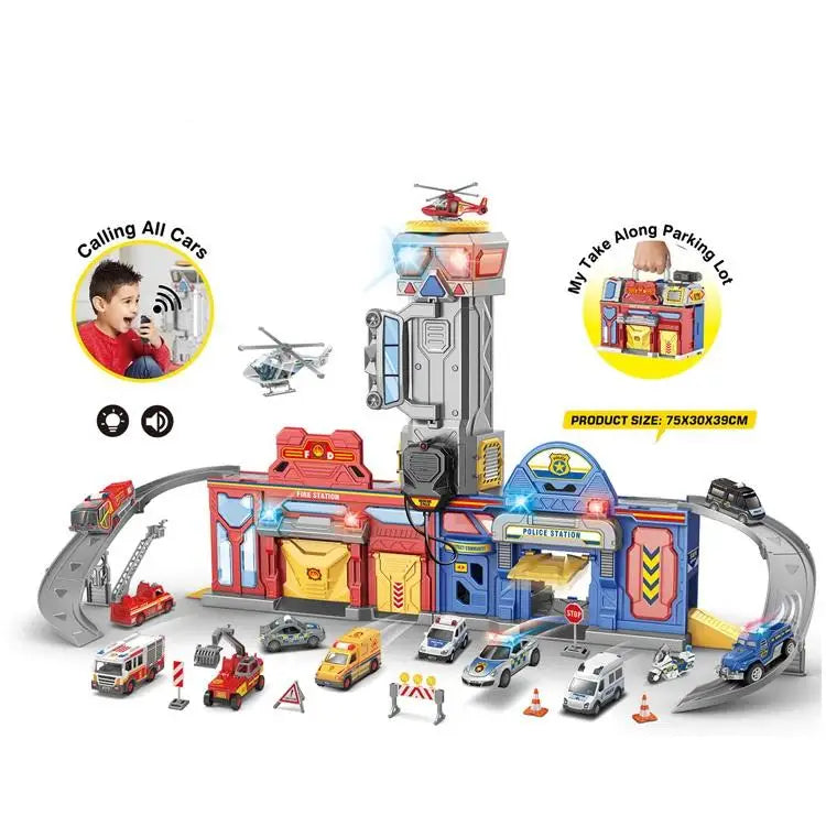 HKM-255443 Fire, Police, and Hospital Themed 2-in-1 Toolbox Track Parking Lot Toy Set with Diecast Alloy Cars