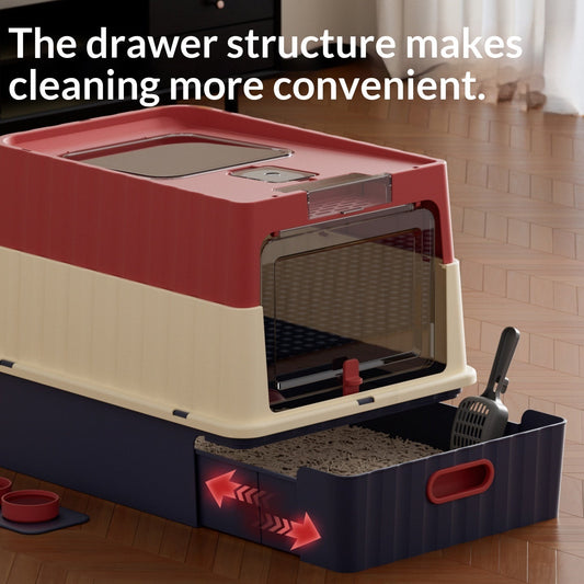 HKM-2568125 Extra-Large Enclosed Cat Litter Box with Cube Drawer and UV Sterilization in Off-White
