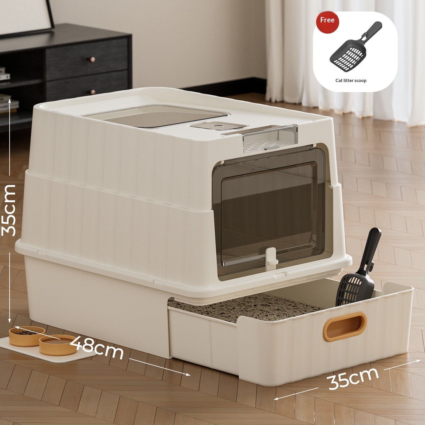 HKM-2568125 Extra-Large Enclosed Cat Litter Box with Cube Drawer and UV Sterilization in Off-White