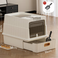HKM-2568125 Extra-Large Enclosed Cat Litter Box with Cube Drawer and UV Sterilization in Off-White
