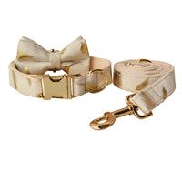 HKM-2574397 Cream Velvet Dog Collar Set with Leash and Bow Accessories in Multiple Sizes