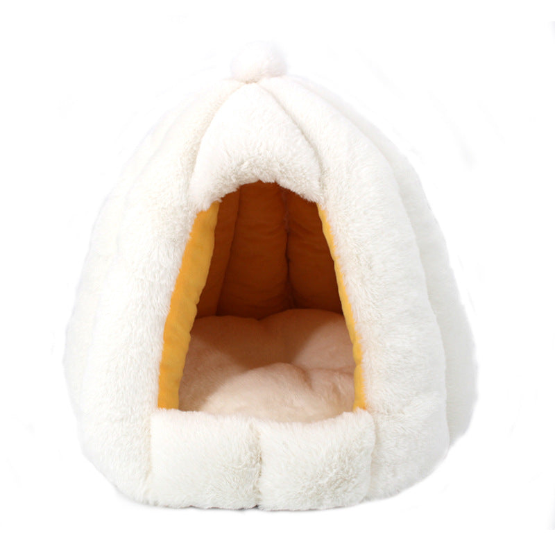 HKM-2576445 Cozy Enclosed Cat Litter Box with Warm Fabric Design in White, Pink, and Grey