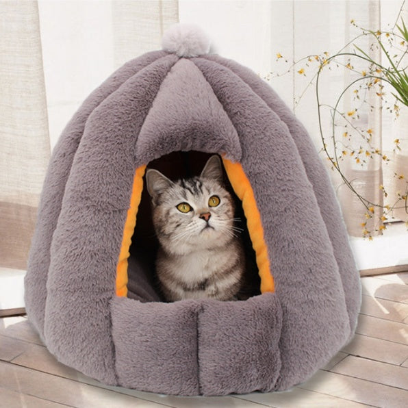 HKM-2576445 Cozy Enclosed Cat Litter Box with Warm Fabric Design in White, Pink, and Grey