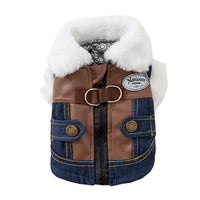 HKM-2576957 Denim & Leather Pet Jacket with Faux Fur Collar for Winter Warmth and Style