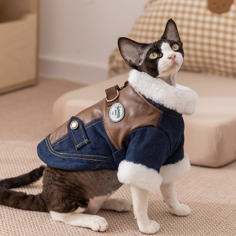 HKM-2576957 Denim & Leather Pet Jacket with Faux Fur Collar for Winter Warmth and Style