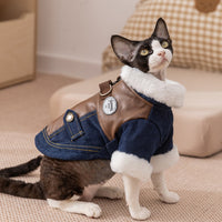 HKM-2576957 Denim & Leather Pet Jacket with Faux Fur Collar for Winter Warmth and Style