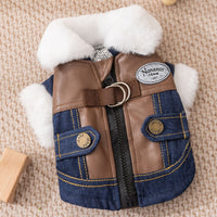 HKM-2576957 Denim & Leather Pet Jacket with Faux Fur Collar for Winter Warmth and Style